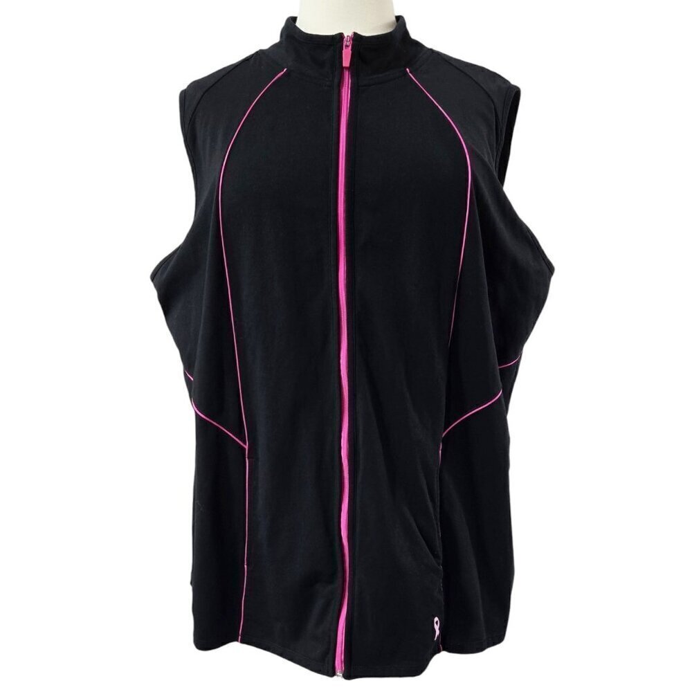Catherines Black Pink Trim Full Zip Vest Pockets Stretch Breast Cancer Awareness
